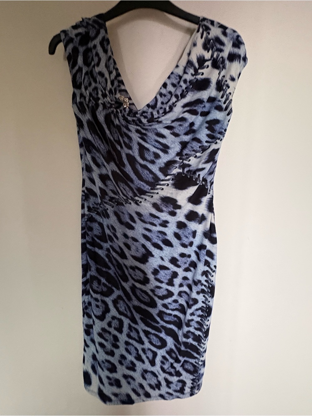 Roberto Cavalli Blue Leopard Print Cowl Neck Dress